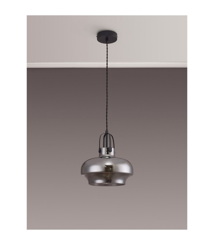 Cobleskill 23cm Single Pendant 1 Light E27 Satin Black/Smoke Plated Glass-11