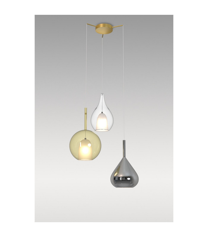 Highland 71cm Pendant Mixed Shades 3 Light E27 Clear/Chrome/Cognac Glass Frosted Inner Gold Frame-3