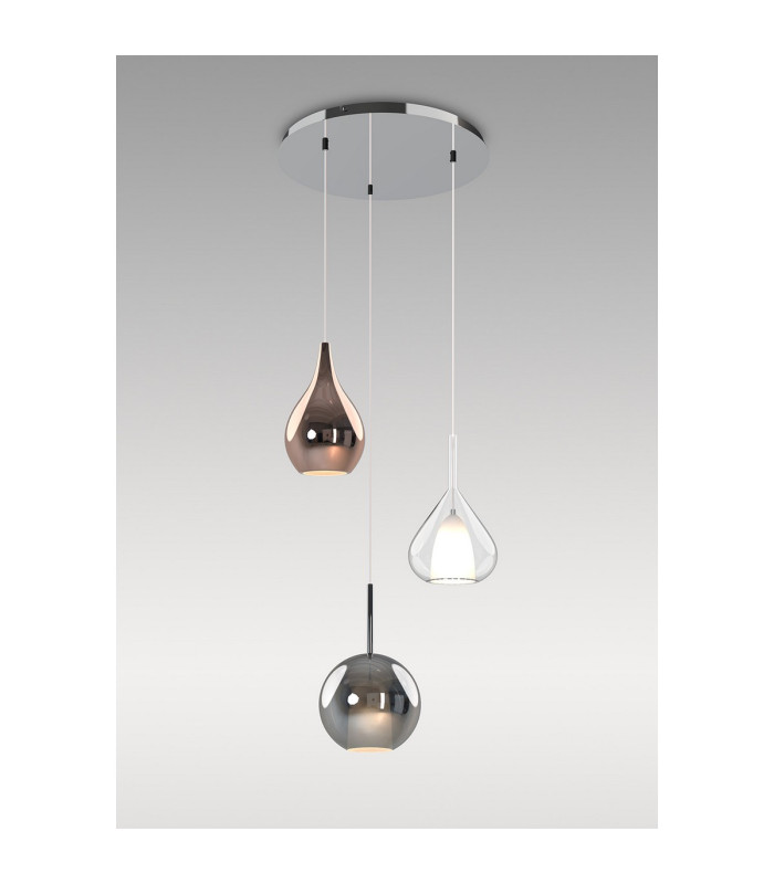 Highland Round Pendant Mixed Glass Shades 3 Light E27 Chrome/Copper & Frosted Inner/Chrome & Frosted Inner/Clear-3