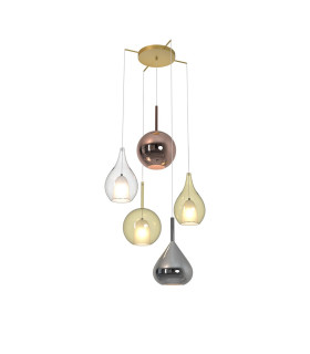 Highland 82cm Pendant Mixed Shades 5 Light E27 Copper/Clear/Chrome/Cognac Glass Frosted Inner Gold Frame-1