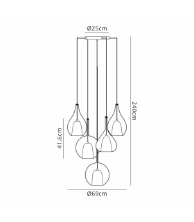 Highland 82cm Pendant Mixed Shades 5 Light E27 Copper/Clear/Chrome/Cognac Glass Frosted Inner Gold Frame-2