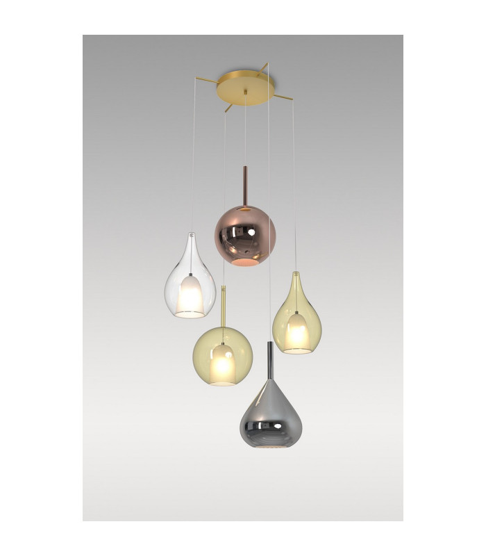 Highland 82cm Pendant Mixed Shades 5 Light E27 Copper/Clear/Chrome/Cognac Glass Frosted Inner Gold Frame-3