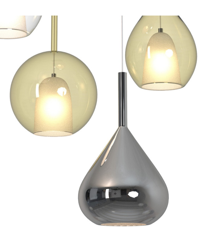 Highland 82cm Pendant Mixed Shades 5 Light E27 Copper/Clear/Chrome/Cognac Glass Frosted Inner Gold Frame-7
