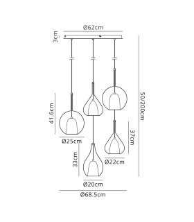 Highland Round Pendant Mixed Glass Shades 5 Light E27 Gold/Cognac & Frosted Inner/Gold & Frosted Inner-2