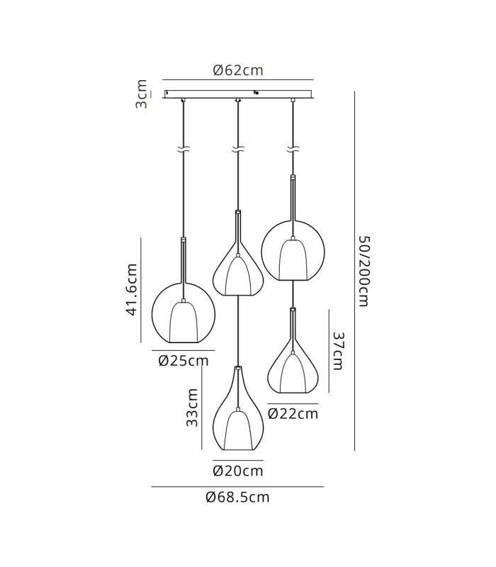 Highland Round Pendant Mixed Glass Shades 5 Light E27 Gold/Cognac & Frosted Inner/Gold & Frosted Inner-2