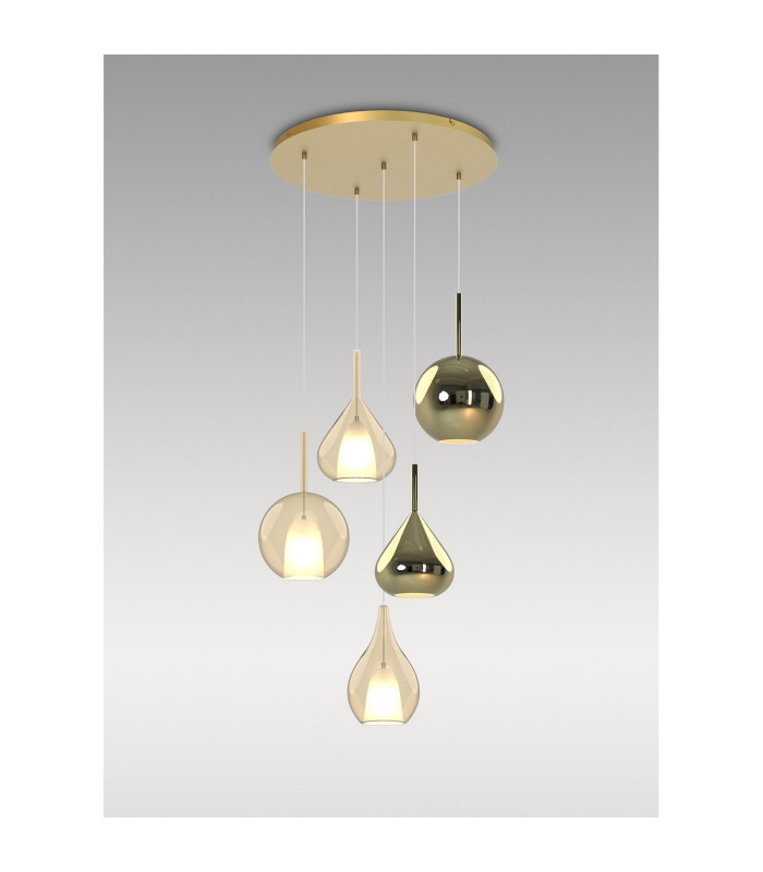 Highland Round Pendant Mixed Glass Shades 5 Light E27 Gold/Cognac & Frosted Inner/Gold & Frosted Inner-3