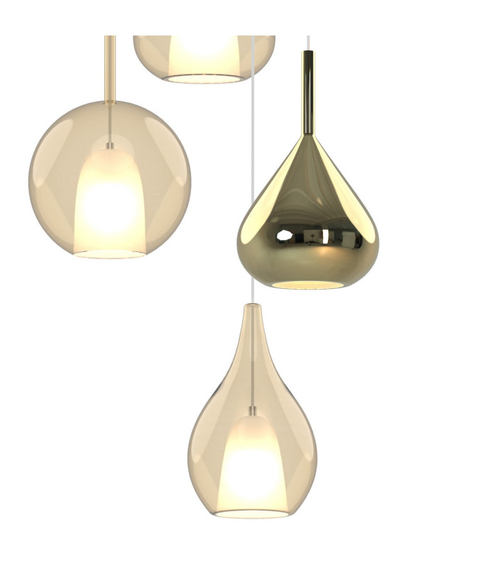 Highland Round Pendant Mixed Glass Shades 5 Light E27 Gold/Cognac & Frosted Inner/Gold & Frosted Inner-5