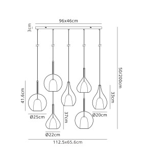 Highland Rectangular Pendant Mixed Glass Shades 7 Light E27 White/Clear/Chrome/Copper/Cognac All Frosted Inner-2