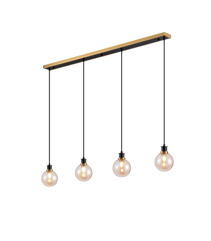 Placid 1.3m Linear Pendant 4 Light E14 15cm Round Glass Shade Brass Amber Plated & Satin Black-1