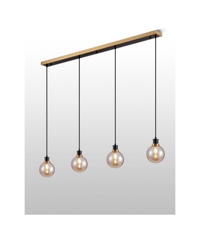 Placid 1.3m Linear Pendant 4 Light E14 15cm Round Glass Shade Brass Amber Plated & Satin Black-3
