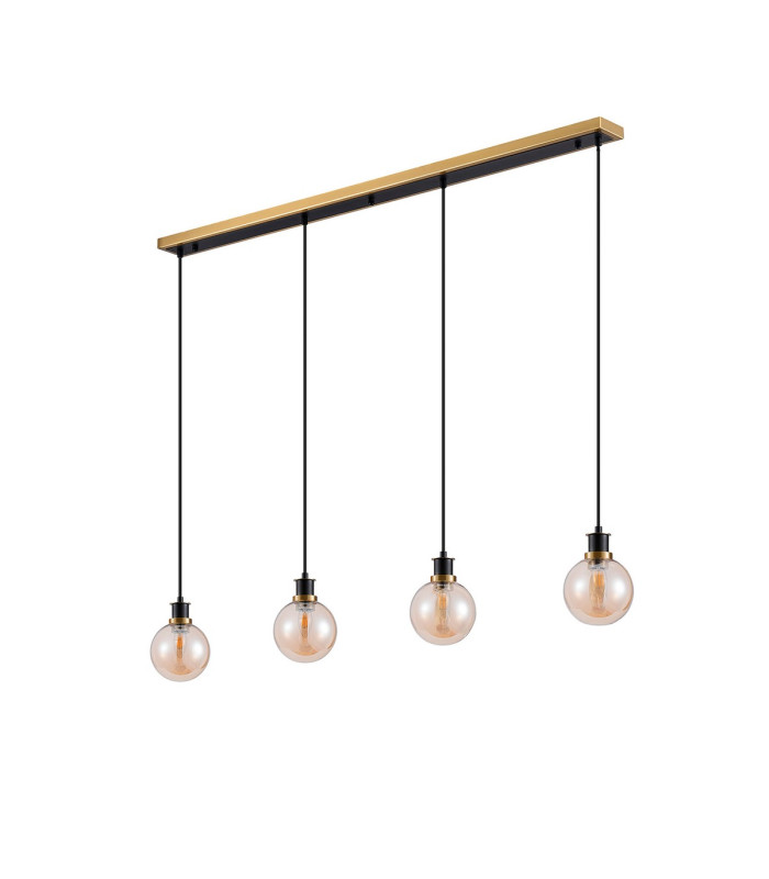Placid 1.3m Linear Pendant 4 Light E14 15cm Round Glass Shade Brass Amber Plated & Satin Black-4