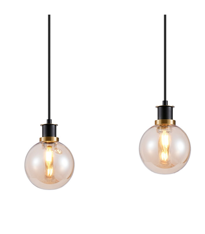 Placid 1.3m Linear Pendant 4 Light E14 15cm Round Glass Shade Brass Amber Plated & Satin Black-6