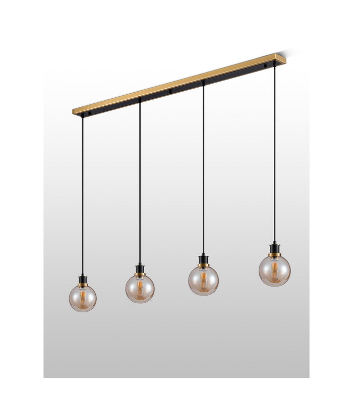 Placid 1.3m Linear Pendant 4 Light E14 15cm Round Glass Shade Brass Amber Plated & Satin Black-7