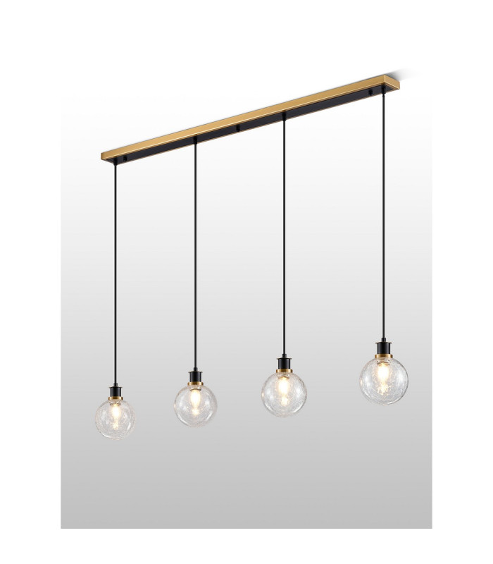 Placid 1.3m Linear Pendant 4 Light E14 15cm Round Crackled Glass Shade Brass Clear & Satin Black-3