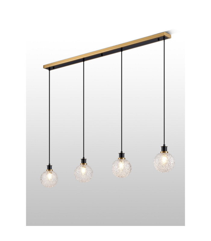 Placid 1.3m Linear Pendant 4 Light E14 15cm Round Textured Crumple Glass Shade Brass Clear & Satin Black-3