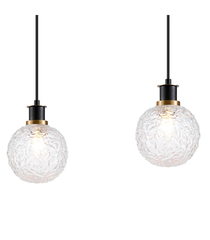 Placid 1.3m Linear Pendant 4 Light E14 15cm Round Textured Crumple Glass Shade Brass Clear & Satin Black-6