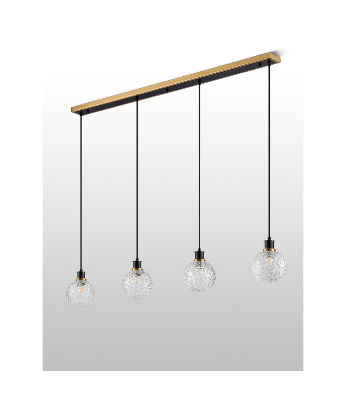 Placid 1.3m Linear Pendant 4 Light E14 15cm Round Textured Crumple Glass Shade Brass Clear & Satin Black-7