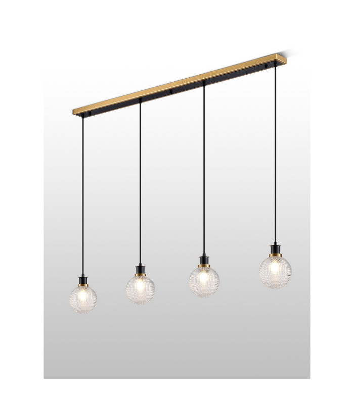 Placid 1.3m Linear Pendant 4 Light E14 15cm Round Textured Diamond Pattern Glass Shade Brass Clear & Satin Black-3