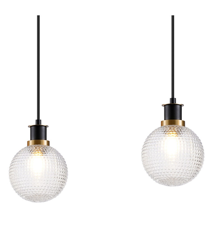 Placid 1.3m Linear Pendant 4 Light E14 15cm Round Textured Diamond Pattern Glass Shade Brass Clear & Satin Black-6