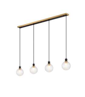 Placid 1.3m Linear Pendant 4 Light E14 15cm Round Dimpled Glass Shade Brass Clear & Satin Black-1