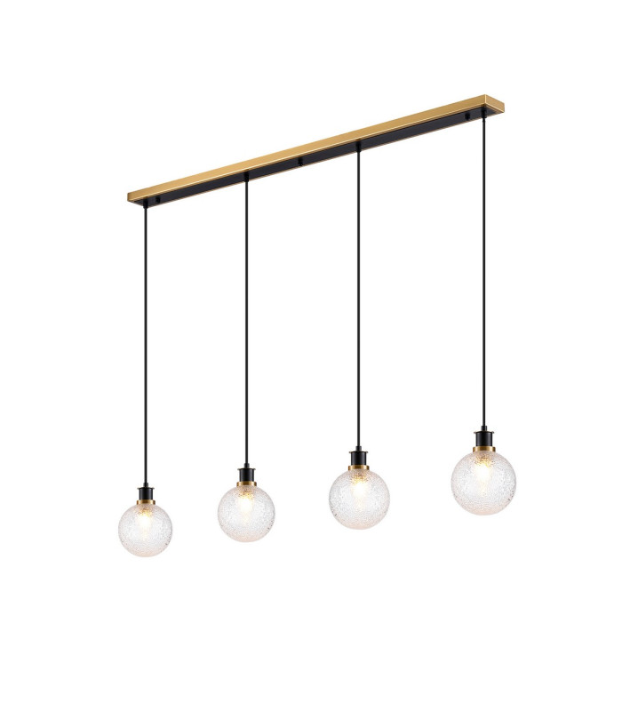 Placid 1.3m Linear Pendant 4 Light E14 15cm Round Dimpled Glass Shade Brass Clear & Satin Black-1