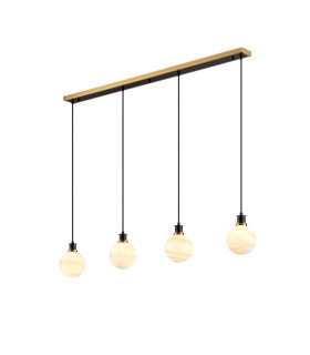 Placid 1.3m Linear Pendant 4 Light E14 15cm Round White & Grey Marble Effect Glass Shade Brass & Satin Black Framework-1
