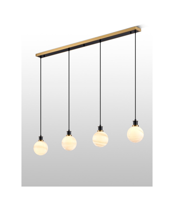 Placid 1.3m Linear Pendant 4 Light E14 15cm Round White & Grey Marble Effect Glass Shade Brass & Satin Black Framework-3