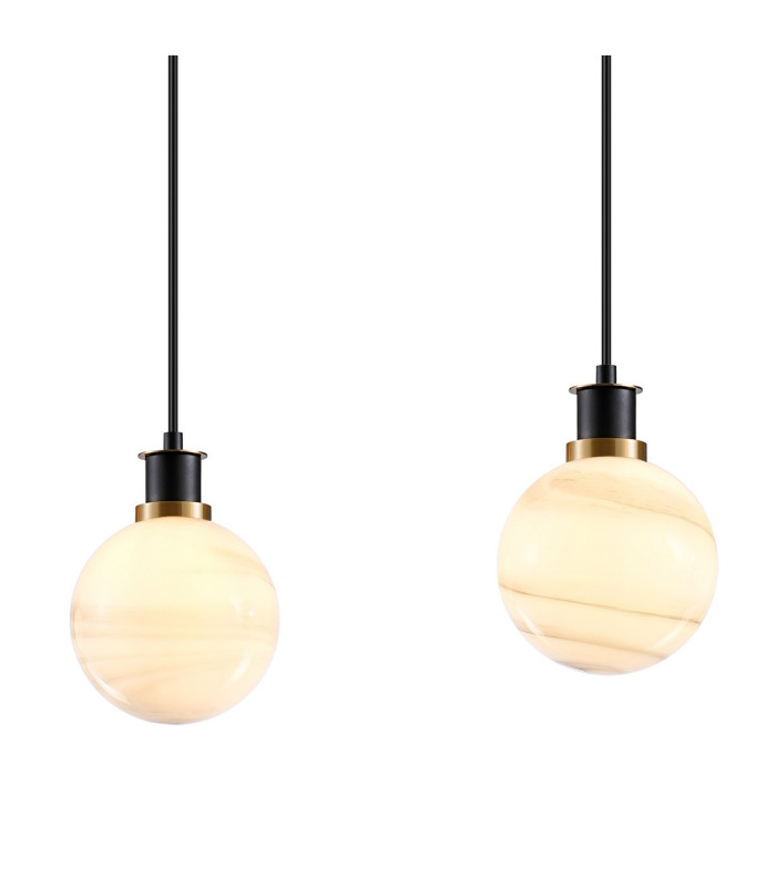 Placid 1.3m Linear Pendant 4 Light E14 15cm Round White & Grey Marble Effect Glass Shade Brass & Satin Black Framework-6