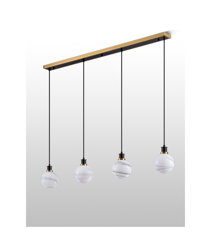 Placid 1.3m Linear Pendant 4 Light E14 15cm Round White & Grey Marble Effect Glass Shade Brass & Satin Black Framework-7