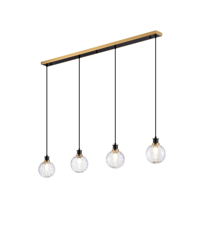 Placid 1.3m Linear Pendant 4 Light E14 15cm Round Textured Melting Glass Shade Brass Clear & Satin Black-1