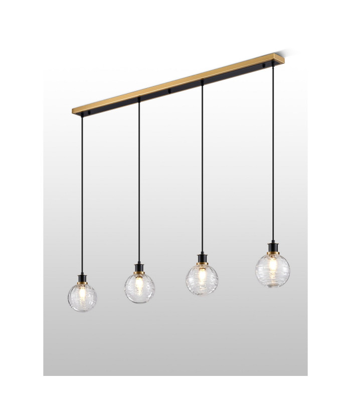 Placid 1.3m Linear Pendant 4 Light E14 15cm Round Textured Melting Glass Shade Brass Clear & Satin Black-3