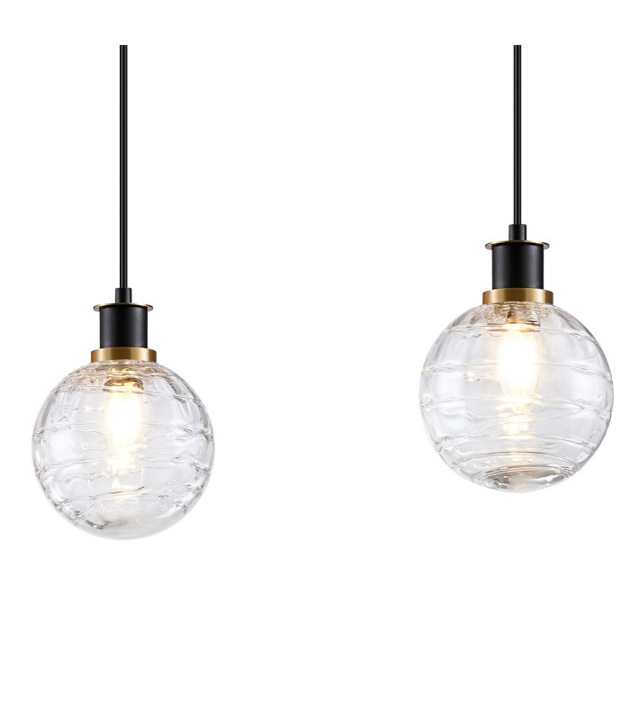 Placid 1.3m Linear Pendant 4 Light E14 15cm Round Textured Melting Glass Shade Brass Clear & Satin Black-6