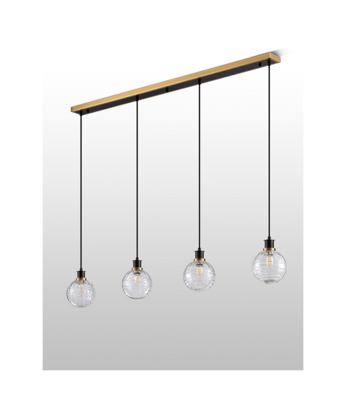 Placid 1.3m Linear Pendant 4 Light E14 15cm Round Textured Melting Glass Shade Brass Clear & Satin Black-7