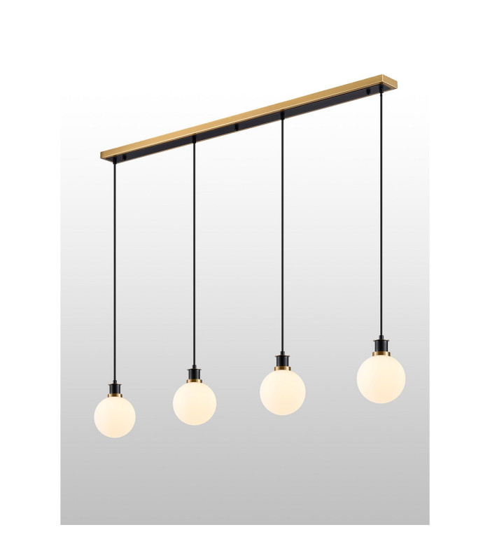 Placid 1.3m Linear Pendant 4 Light E14 15cm Round Glass Shade Brass Opal & Satin Black-3
