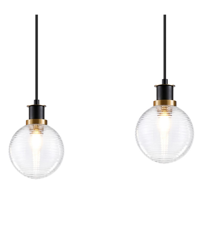 Placid 1.3m Linear Pendant 4 Light E14 15cm Round Ribbed Glass Shade Brass Clear & Satin Black-6