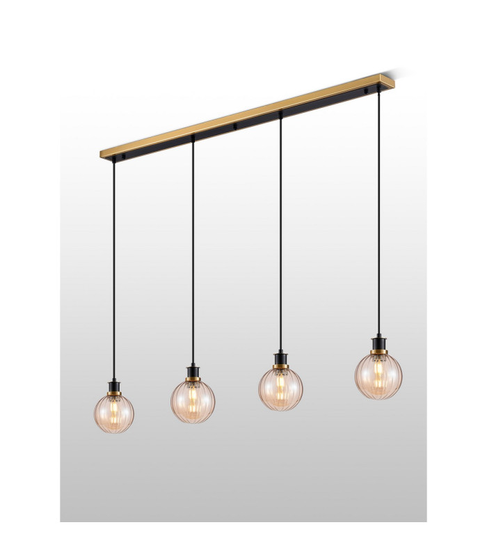 Placid 1.3m Linear Pendant 4 Light E14 15cm Round Segment Glass Shade Brass Amber Plated & Satin Black-3