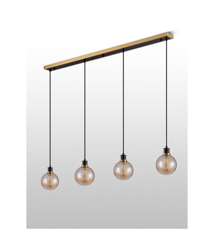Placid 1.3m Linear Pendant 4 Light E14 15cm Round Segment Glass Shade Brass Amber Plated & Satin Black-7