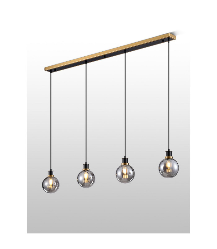 Placid 1.3m Linear Pendant 4 Light E14 15cm Round Segment Glass Shade Brass Smoke Plated & Satin Black-3