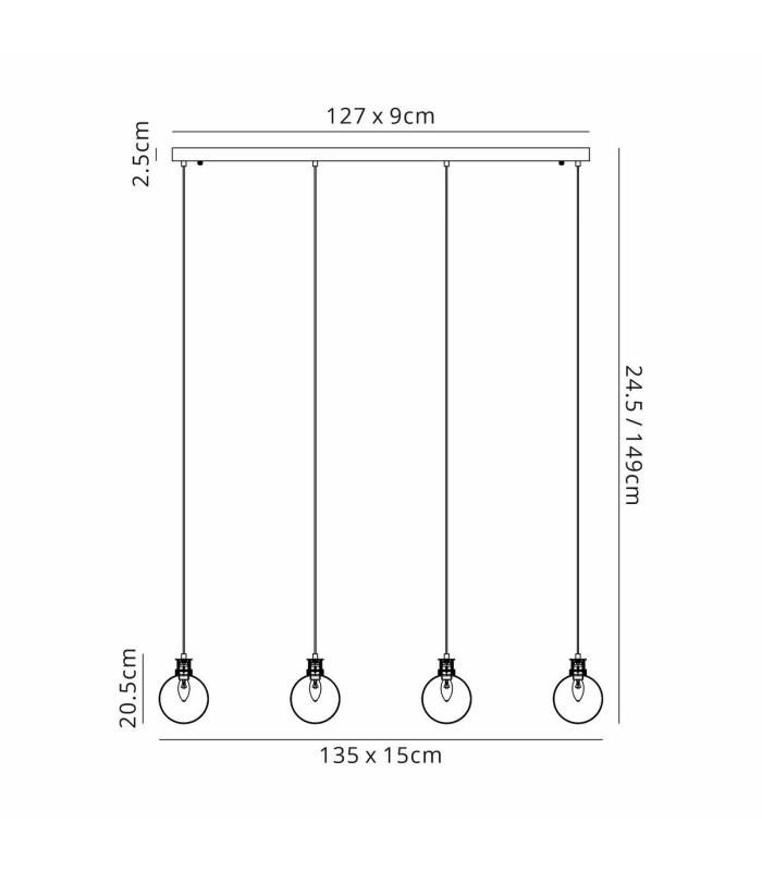 Placid 1.3m Linear Pendant 4 Light E14 15cm Round Glass Shade Brass Smoke Plated & Satin Black-2