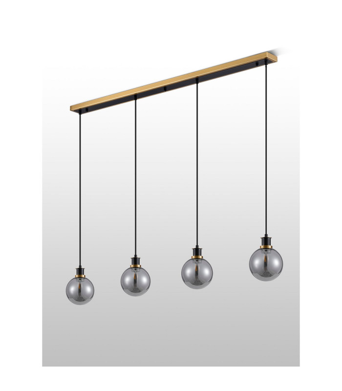 Placid 1.3m Linear Pendant 4 Light E14 15cm Round Glass Shade Brass Smoke Plated & Satin Black-7