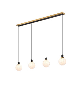 Placid 1.3m Linear Pendant 4 Light E14 15cm Round Speckled Glass Shade Brass White & Satin Black-1