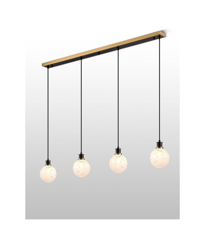 Placid 1.3m Linear Pendant 4 Light E14 15cm Round Speckled Glass Shade Brass White & Satin Black-3