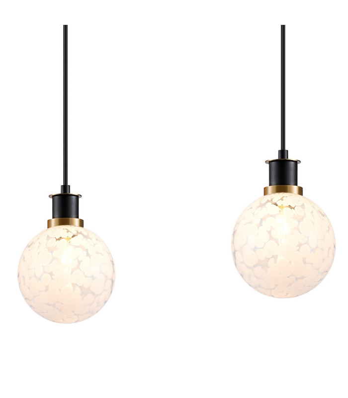 Placid 1.3m Linear Pendant 4 Light E14 15cm Round Speckled Glass Shade Brass White & Satin Black-6