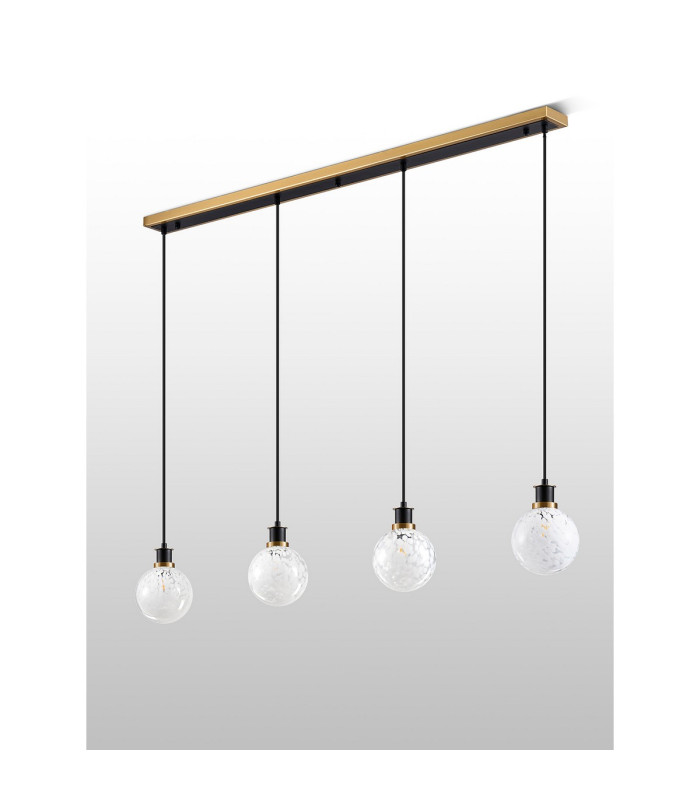 Placid 1.3m Linear Pendant 4 Light E14 15cm Round Speckled Glass Shade Brass White & Satin Black-7