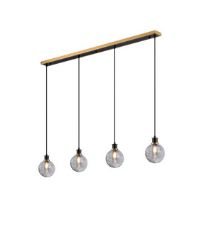 Placid 1.3m Linear Pendant 4 Light E14 15cm Round Textured Smooth / Ribbed Glass Shade Brass Smoke Plated & Satin Black-1