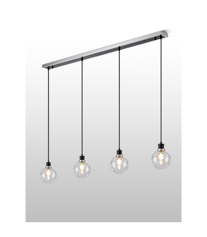 Placid 1.3m Linear Pendant 4 Light E14 15cm Round Glass Shade Satin Nickel Clear & Satin Black-3