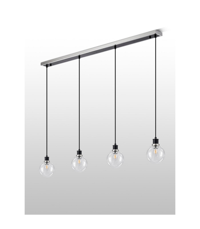 Placid 1.3m Linear Pendant 4 Light E14 15cm Round Glass Shade Satin Nickel Clear & Satin Black-7