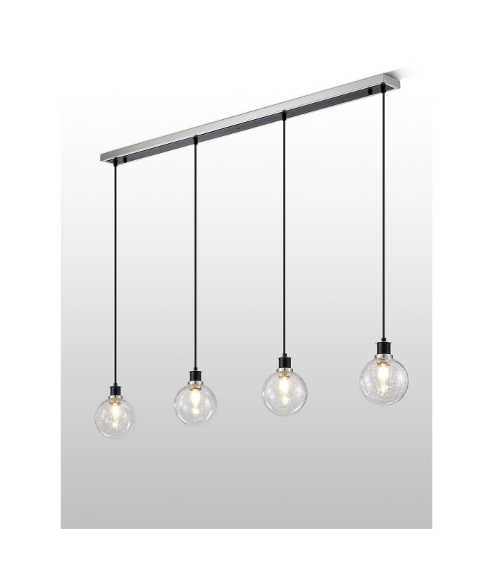Placid 1.3m Linear Pendant 4 Light E14 15cm Round Crackled Glass Shade Satin Nickel Clear & Satin Black-3
