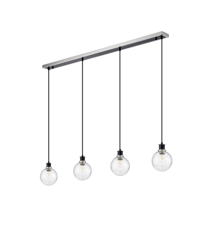 Placid 1.3m Linear Pendant 4 Light E14 15cm Round Crackled Glass Shade Satin Nickel Clear & Satin Black-4