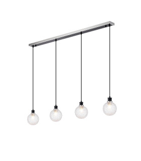 Placid 1.3m Linear Pendant 4 Light E14 15cm Round Textured Crumple Glass Shade Satin Nickel Clear & Satin Black-1
